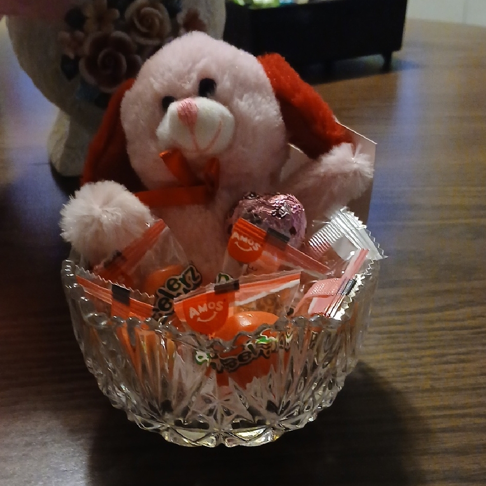 Plush Bunny with Candy in Crystal Bowl
